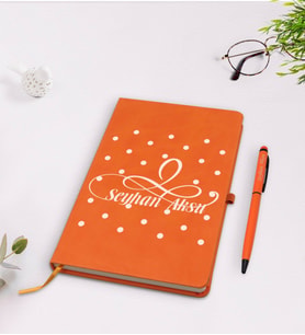 BK Gift Kişiye Özel İsimli Turuncu Termo Deri Defter Kalem Seti Model 4