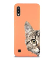 Samsung Galaxy M10 Uyumlu Lansman Kılıf Catface Tasarımlı İçi Kadife Kapak-Turuncu (Şeffaf)