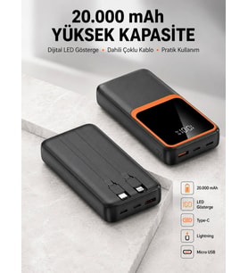 Dijital Ekranlı 20.000 mAh Powerbank 22.5W Hızlı Şarj + Çoklu Bağlantı Seçeneği Yeni Nesil