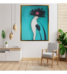 Tablore Turkuaz Şapkalı Şık Kadın Portresi Tablosu Çerçeveli Kanvas Tablo Modern Salon Dekoru