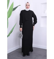 Siyah Crop Kazak Triko Elbise İkili Kombin