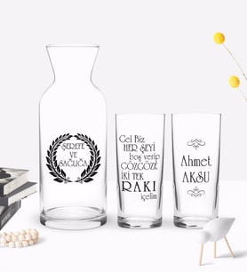 BK Gift Kişiye Özel Renkli Baskılı Rakı İçelim Tasarımlı İkili Rakı Bardağı ve Karaf Hediye Seti-1 (Model 1)