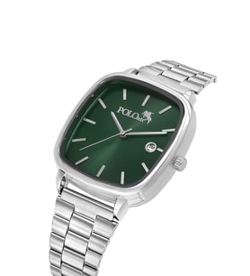 Polo Air Takvimli Dikdörtgen Kasa Hasır Metal Kordon Erkek Kol Saati Gümüş Yeşil Renk PL-7085E5x