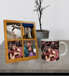 Kişiye Özel Premium Resimli Beyaz Kupa Ve Fotoğraflı Dört Resimli Siyah Kolaj Masaüstü Fotoğraf Ahşap Çerçeve