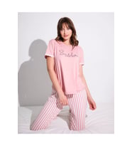 Kadın Kısa Kollu Yumuşak Dokulu Bambu Pembe Pijama Takımı