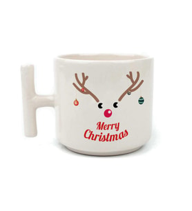 Merry Christmas Geyik Baskılı Beyaz Kulplu T Yılbaşı Kupası