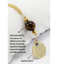 Doğal Taşlı Metal Ayetel Kürsi Dualı Araba Dikiz Ayna Süsü, Zincirli Kaplan Gözü Taşlı