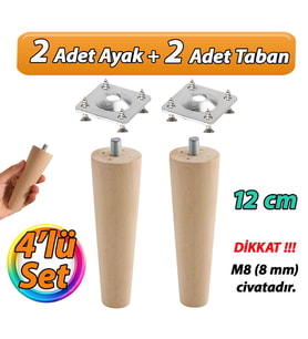 Ahşap Ayak 12 Cm 4'lü Set M8 Civatalı Bağlantı Aparatlı Dolap Mobilya Koltuk Kanepe Destek Ayağı Ayakları
