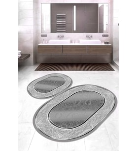 Dijital Baskılı Kaymaz Taban Yıkanabilir Oval 2'li Klozet Takımı Banyo Paspası NOKZ-SD-1024 (Gümüş)