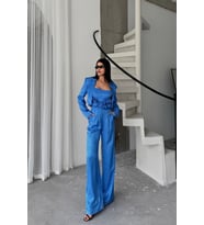 JAKARLI BLUZU TASARIM DETAYLI CEKET-PANTOLON-BLUZ 3 LÜ TAKIM - Beyaz (Mavi)