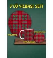 Yılbaşı Temalı 3'lü Bilek Destekli Mousepad Kupa ve Bardak Altlığı Seti