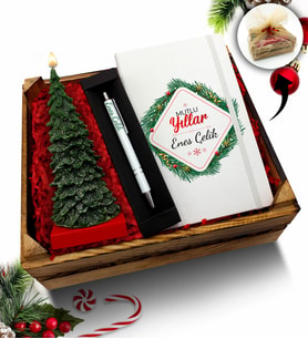 Kasa İçerisinde Çam Ağacı Mum & Kişiye Özel Beyaz Defter & Kalem Hediye Seti