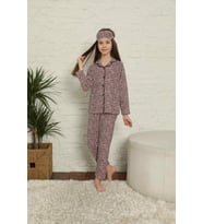 Kız Çoçuk Lepoar  Desenli Pembe Renkli Uzun Kollu Pijama Takımı. Göz Bandı Dahildir.