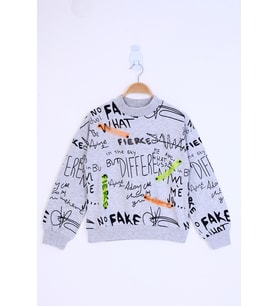 Toontoy Kız Çocuk Neon Şerit Detaylı Baskılı Sweatshirt  ( Gri-Melanj)