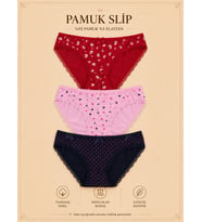 Intive Comfort Desenli Arkası Dantel Detaylı Lacivert/Pembe/Kırmızı 3'lü Slip Set