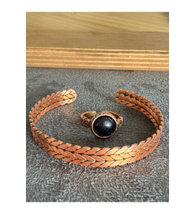 El İşi Bakır Bileklik Ve Doğal Taşlı Yüzük Kombini, Ayarlanabilir Ölçü