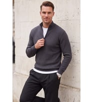 DeepSEA Erkek Slim Fit Tüylenmeyen Füme Çizgi Dokulu Triko Kazak – Fermuarlı Dik Yaka Esnek 2708504