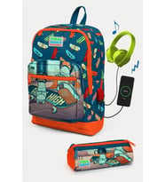 Coral High CoKids Civit Neon Turuncu Kaykay Desenli USB Girişli 2'li Okul Çanta Seti - Erkek Çocuk