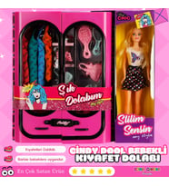 Cindy Doll Bebekli Aksesuarlı Gardırop Pembe - Barbie Dolap - Barbie Giysi Dolabı - Barbie Gardırop