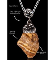 Sertifikalı Zirkon Taşlı Model Ham İşlenmemiş Kaplan Gözü Taşı Kolye (Kahverengi)