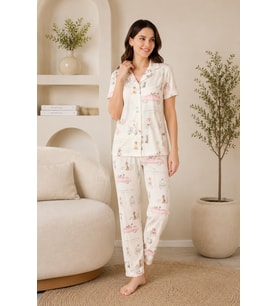 Mirano 4857 Dijital Baskı Kumaş Düğmeli Kısa Kolu Kadın Pijama Takımı
