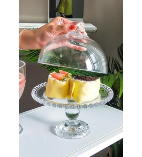 Lüks Cam Ayaklı Kek Pasta Fanus, Servis Sunumluk Boncuk Kalp