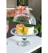 Lüks Cam Ayaklı Kek Pasta Fanus, Servis Sunumluk Boncuk Kalp