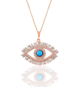 Söğütlü Silver Gümüş rose turkuaz ve baget taşlı göz kolye