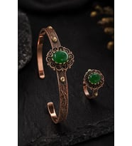 Kadın Bakır Bileklik Yüzük Set Doğal Yeşil Akik Taşlı Otantik Model Set