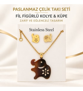 Paslanmaz Çelik Fil Figürlü Kolye ve Asimetrik Küpe Seti