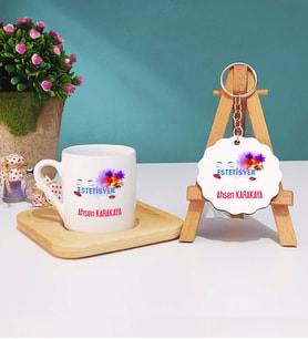 Estetisyen Türk Kahvesi Fincanı Ahşap Altlıklı ve Anahtarlık