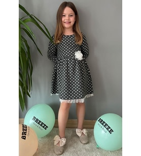 Breeze Kız Çocuk Uzun Kollu Elbise Puantiyeli Beyaz Çiçekli 3-7 Yaş, Antrasit