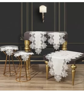 Çeyizlik Kayla Model Krem-Gold 5 Parça Keten Dantelli Runner Seti Modern Salon Takımı
