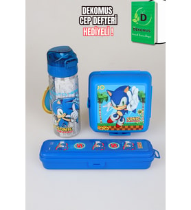 "DEKOMUS CEP DEFTERİ HEDİYELİ" LİSANSLI SONIC 2 KATLI BESLENME KUTUSU,500 ML TRITAN MATARA VE DİŞ FIRÇASI KUTUSU SETİ