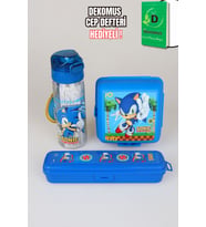 "DEKOMUS CEP DEFTERİ HEDİYELİ" LİSANSLI SONIC 2 KATLI BESLENME KUTUSU,500 ML TRITAN MATARA VE DİŞ FIRÇASI KUTUSU SETİ