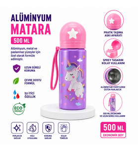 Alüminyum Matara 500 ML Çocuk Su Matarası Pipetli Sızdırmaz Dayanıklı Taşıma İpli