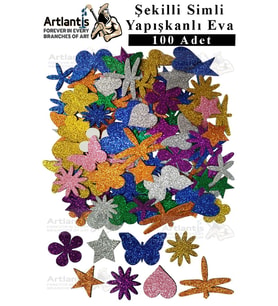 Şekilli Simli Eva Yapışkanlı 100 lü 1 Paket Kendinden Yapışkanlı Simli Eva Sticker Okul Öncesi Kreş Ana Okulu Süsleme (Çok Renkli)