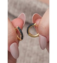 925 Ayar Gümüş Gold Kaplama Siyah Taşlı 15 mm Halka Küpe