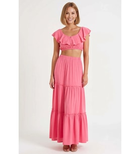 Kadın Büyük Beden Crop Top Maxi Etek Takımı Fırfırlı Yaka Kolsuz Dokuma Uzun Boy Günlük Rahat Modern