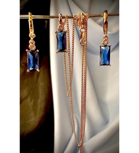 18 Ayar Altın Kaplama Swarovski Taşlı Dikdörtgen Mavi Kristal Klasik Set