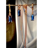 18 Ayar Altın Kaplama Swarovski Taşlı Dikdörtgen Mavi Kristal Klasik Set (Gold)