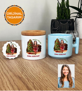 Kişiye Özel Karikatürlü Yılbaşı Hediyesi Hediye Seti Pastel T Kupa, Kalemlik, Anahtarlık Noel Anneye Hediye (Mavi)