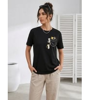 Sevimli Kedi Cep Baskılı Tişört Kısa Kol Yazlık T-Shirt - Siyah