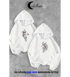 Sevgili Çift Kombin Kaplan ve Aslan Ön Baskılı Kapüşonlu Sweatshirt 2li Set Takım 3 İplik (Beyaz)