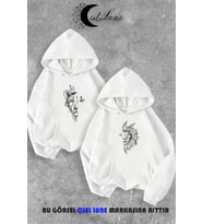 Sevgili Çift Kombin Kaplan ve Aslan Ön Baskılı Kapüşonlu Sweatshirt 2li Set Takım 3 İplik (Beyaz)