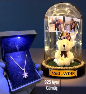 Işıklı Kutuda 925 Ayar Gümüş Lotus Kolye ve Size Özel Led Işıklı Fanus - Premium Set (Model 1)