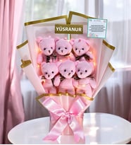 Kişiye Özel Led Işıklı Pembe Peluş Ayıcık Buketi Ayıcıklı Peluş Buket