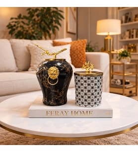 Dekoratif Obje Aslanlı Şah Siyah Mermer Silindir Yonca Desen Gold - Feray Home