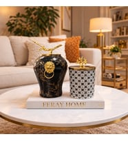 Dekoratif Obje Aslanlı Şah Siyah Mermer Silindir Yonca Desen Gold - Feray Home