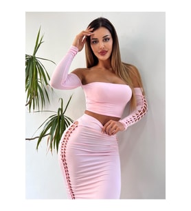 Pembe Lazer Kesim Detaylı İkili Uzun Takım